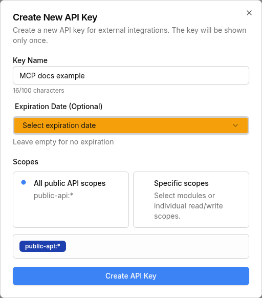 QuickRCM Create New API Key dialog showing All public API scopes