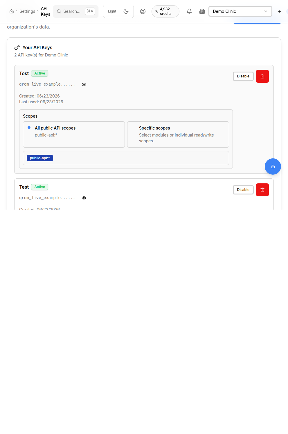 QuickRCM API Keys page with active key cards and scopes